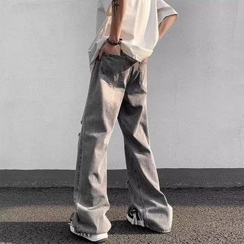 Blugi denim bărbați cu croială largă, spălare negru-gri vintage, rupte, stil stradal hip-hop, cu numeroase buzunare