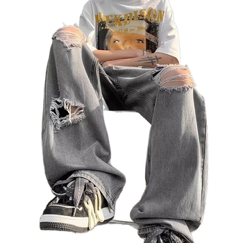 Blugi denim bărbați cu croială largă, spălare negru-gri vintage, rupte, stil stradal hip-hop, cu numeroase buzunare