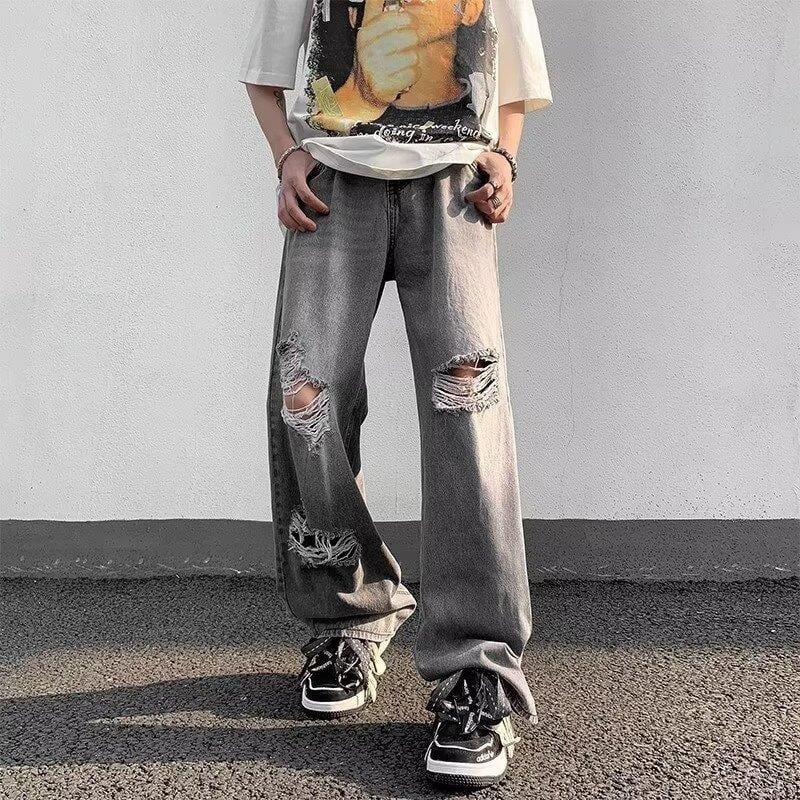 Blugi denim bărbați cu croială largă, spălare negru-gri vintage, rupte, stil stradal hip-hop, cu numeroase buzunare