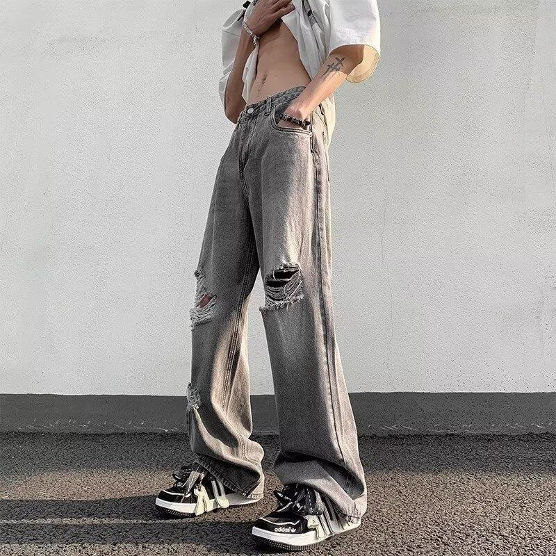 Blugi denim bărbați cu croială largă, spălare negru-gri vintage, rupte, stil stradal hip-hop, cu numeroase buzunare