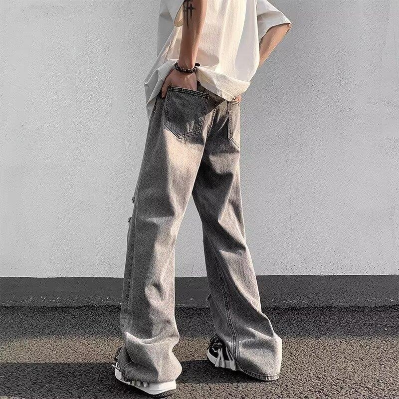 Blugi denim bărbați cu croială largă, spălare negru-gri vintage, rupte, stil stradal hip-hop, cu numeroase buzunare