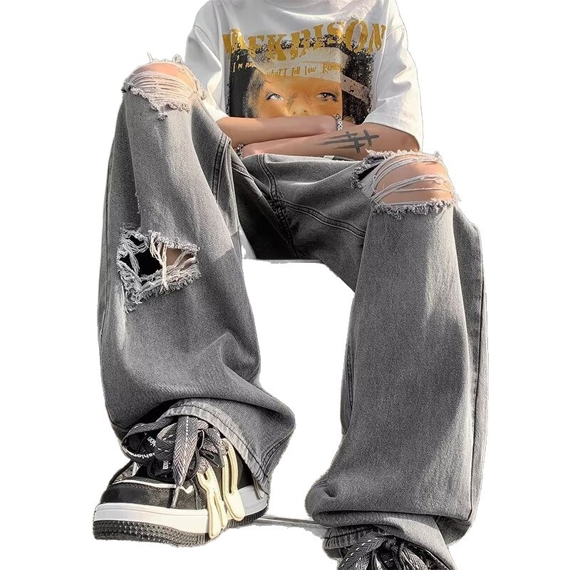 Blugi denim bărbați cu croială largă, spălare negru-gri vintage, rupte, stil stradal hip-hop, cu numeroase buzunare