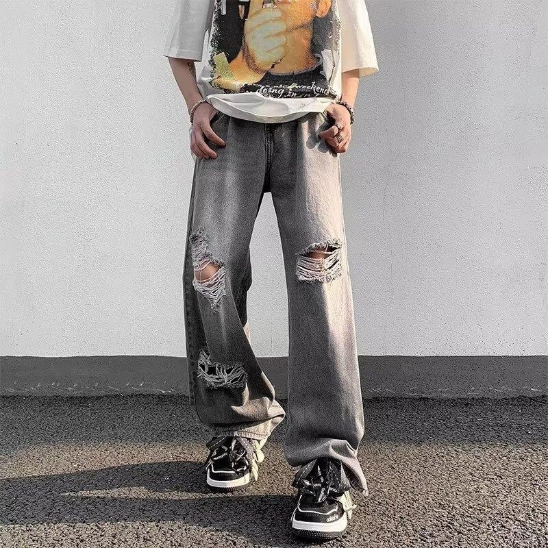 Blugi denim bărbați cu croială largă, spălare negru-gri vintage, rupte, stil stradal hip-hop, cu numeroase buzunare