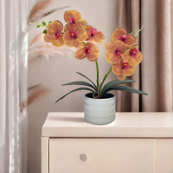 Orhidee artificială bonsai în ghiveci – 2 ramuri, 9 flori, decor pentru living, plastic
