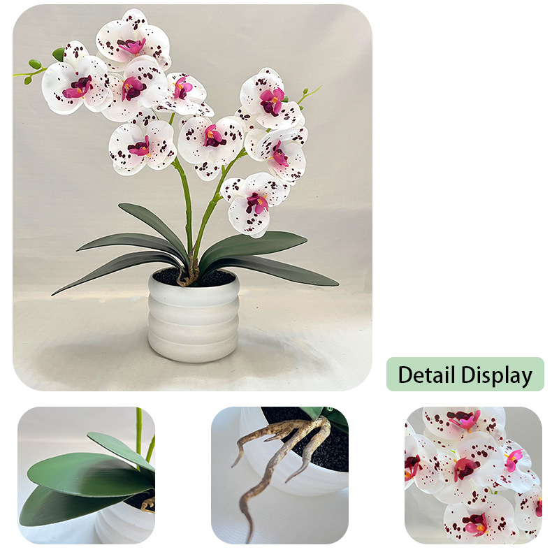 Orhidee artificială bonsai în ghiveci – 2 ramuri, 9 flori, decor pentru living, plastic