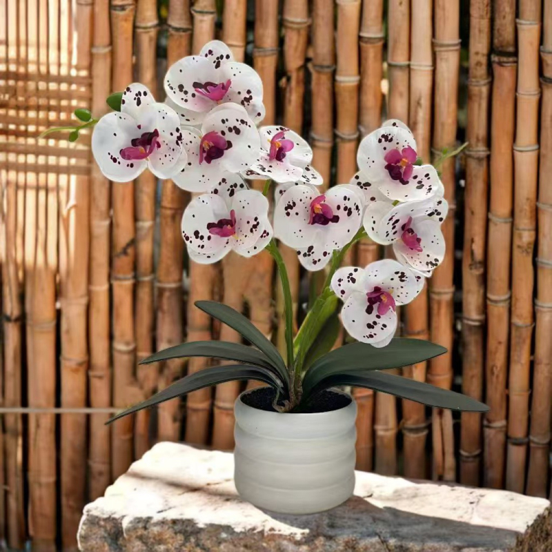 Orhidee artificială bonsai în ghiveci – 2 ramuri, 9 flori, decor pentru living, plastic
