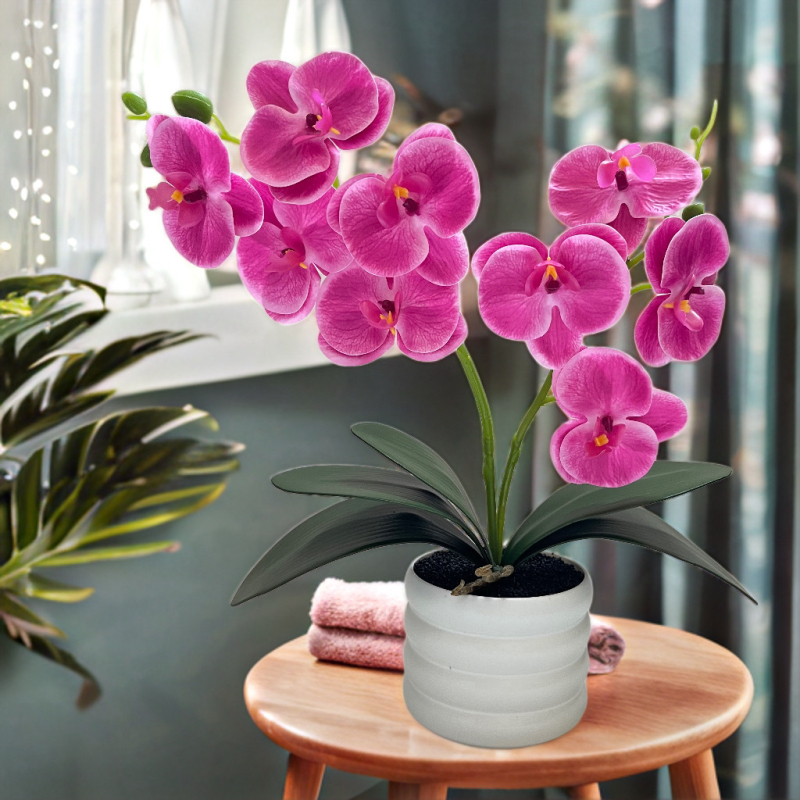 Orhidee artificială bonsai în ghiveci – 2 ramuri, 9 flori, decor pentru living, plastic
