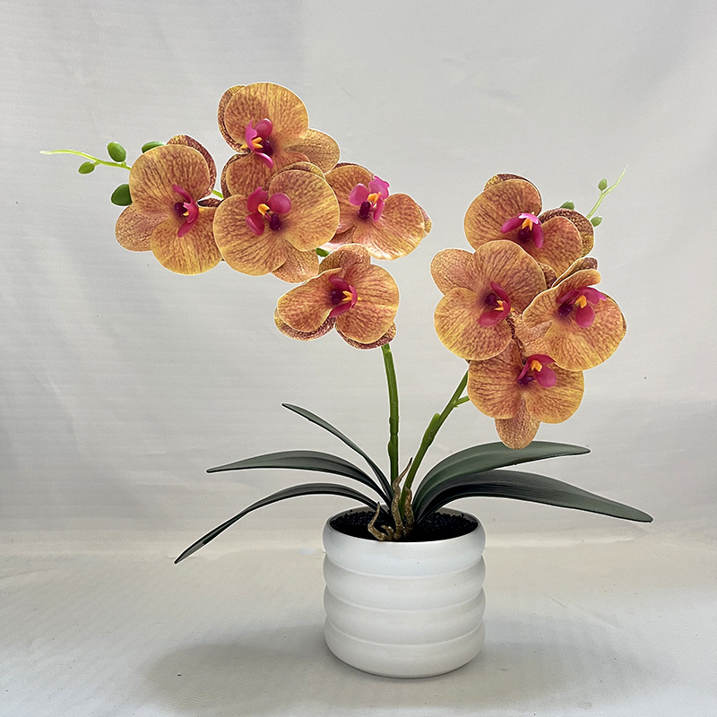 Orhidee artificială bonsai în ghiveci – 2 ramuri, 9 flori, decor pentru living, plastic