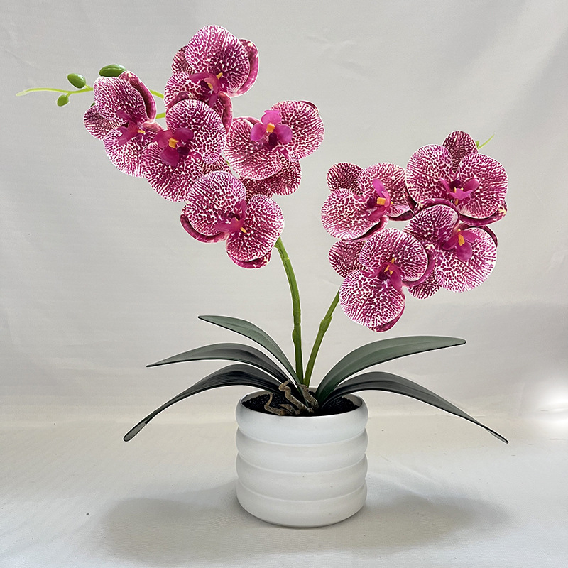 Orhidee artificială bonsai în ghiveci – 2 ramuri, 9 flori, decor pentru living, plastic