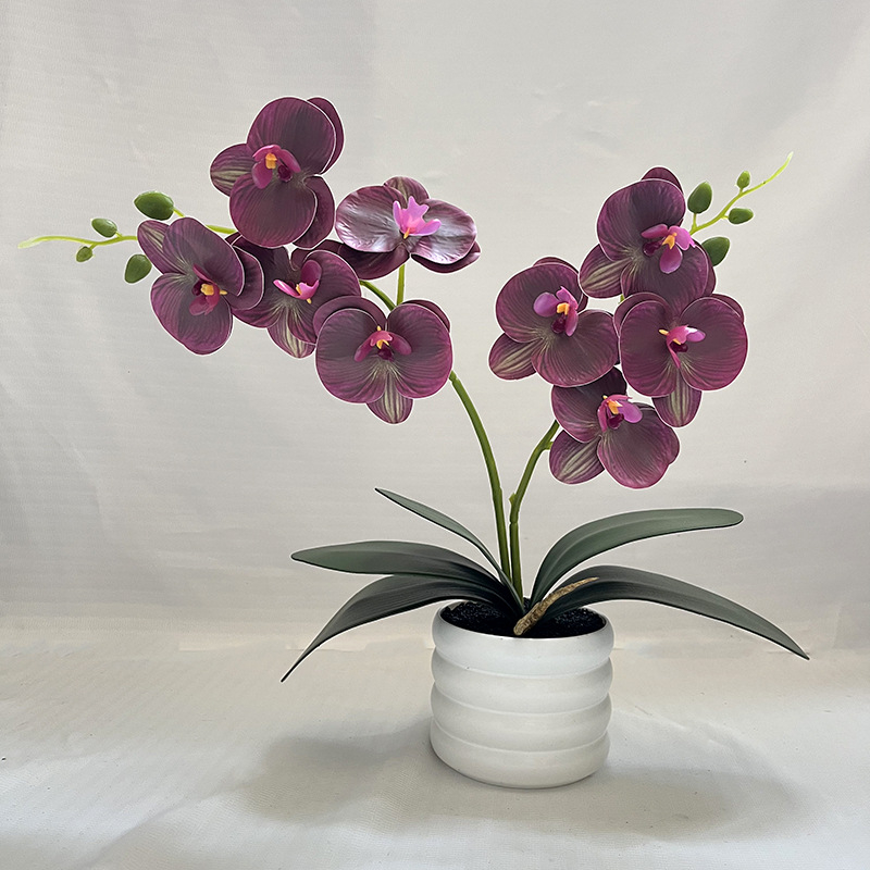 Orhidee artificială bonsai în ghiveci – 2 ramuri, 9 flori, decor pentru living, plastic