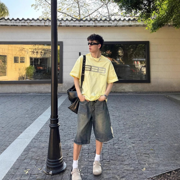 Shorti de denim pentru bărbați, stil american retro, spălați, largi, croială dreaptă, lungime capri, vară casual