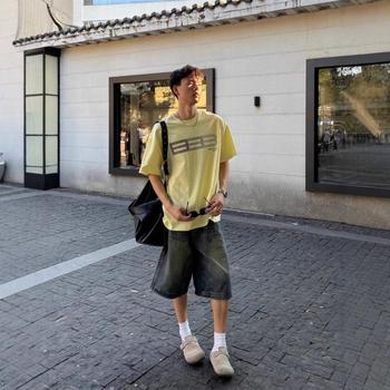 Shorti de denim pentru bărbați, stil american retro, spălați, largi, croială dreaptă, lungime capri, vară casual