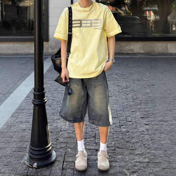 Shorti de denim pentru bărbați, stil american retro, spălați, largi, croială dreaptă, lungime capri, vară casual