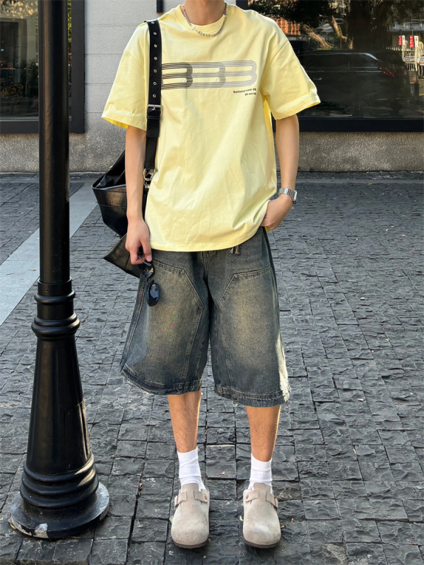 Shorti de denim pentru bărbați, stil american retro, spălați, largi, croială dreaptă, lungime capri, vară casual