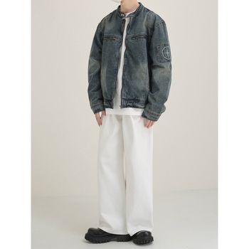Jachetă denim pentru bărbați, vară, spălat, croială lejeră, guler înălțat cu fermoar, mâneci lungi, buzunare patch, bumbac peste 60%, căptușeală poliester, exterior casual