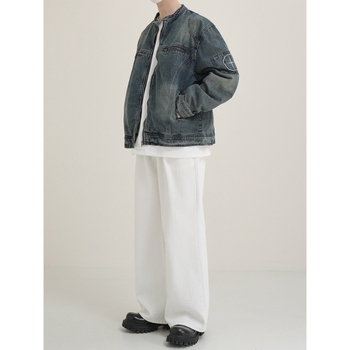 Jachetă denim pentru bărbați, vară, spălat, croială lejeră, guler înălțat cu fermoar, mâneci lungi, buzunare patch, bumbac peste 60%, căptușeală poliester, exterior casual
