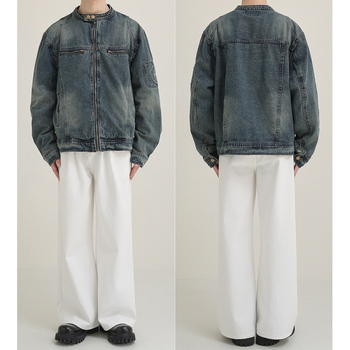 Jachetă denim pentru bărbați, vară, spălat, croială lejeră, guler înălțat cu fermoar, mâneci lungi, buzunare patch, bumbac peste 60%, căptușeală poliester, exterior casual