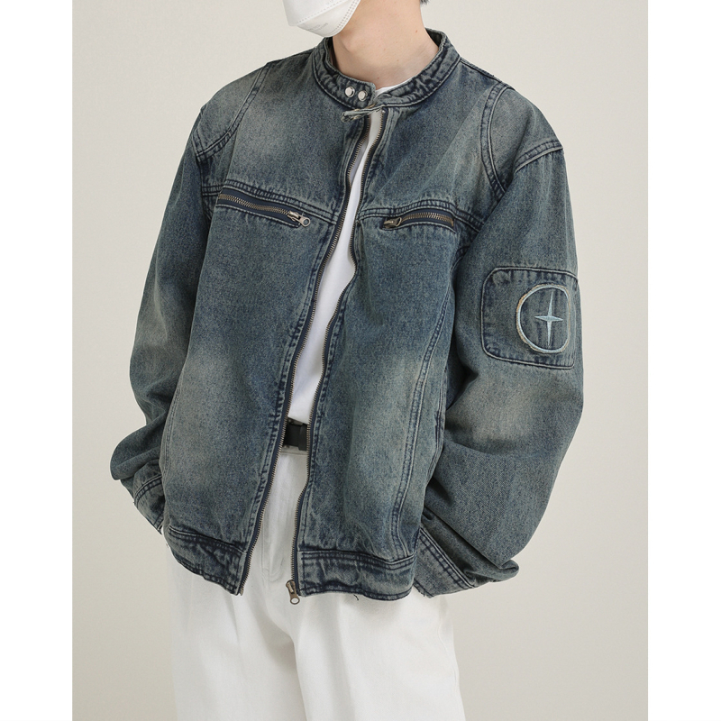 Jachetă denim pentru bărbați, vară, spălat, croială lejeră, guler înălțat cu fermoar, mâneci lungi, buzunare patch, bumbac peste 60%, căptușeală poliester, exterior casual