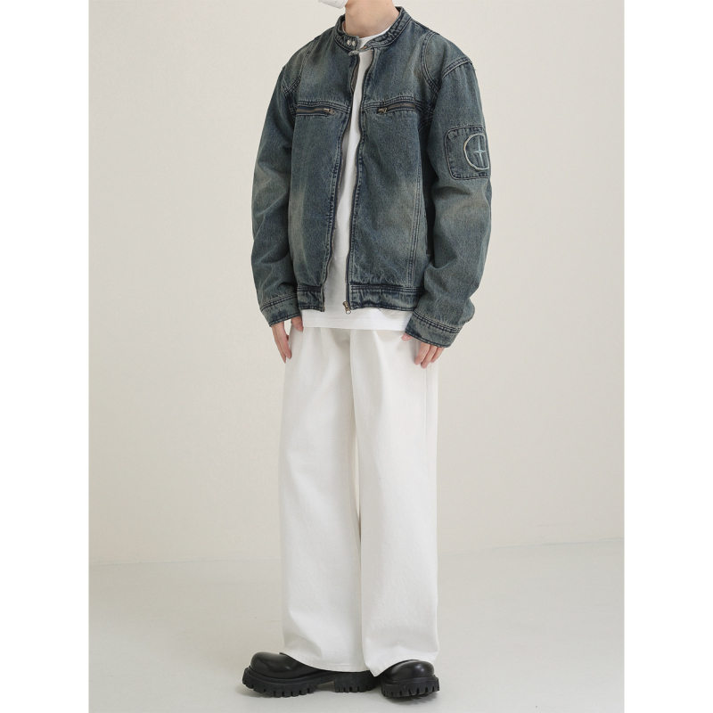 Jachetă denim pentru bărbați, vară, spălat, croială lejeră, guler înălțat cu fermoar, mâneci lungi, buzunare patch, bumbac peste 60%, căptușeală poliester, exterior casual