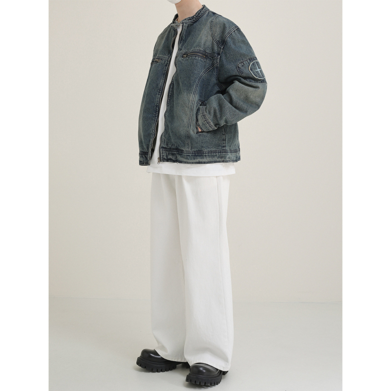 Jachetă denim pentru bărbați, vară, spălat, croială lejeră, guler înălțat cu fermoar, mâneci lungi, buzunare patch, bumbac peste 60%, căptușeală poliester, exterior casual