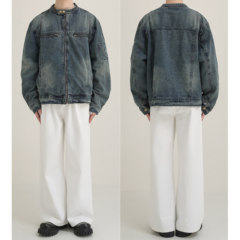 Jachetă denim pentru bărbați, vară, spălat, croială lejeră, guler înălțat cu fermoar, mâneci lungi, buzunare patch, bumbac peste 60%, căptușeală poliester, exterior casual