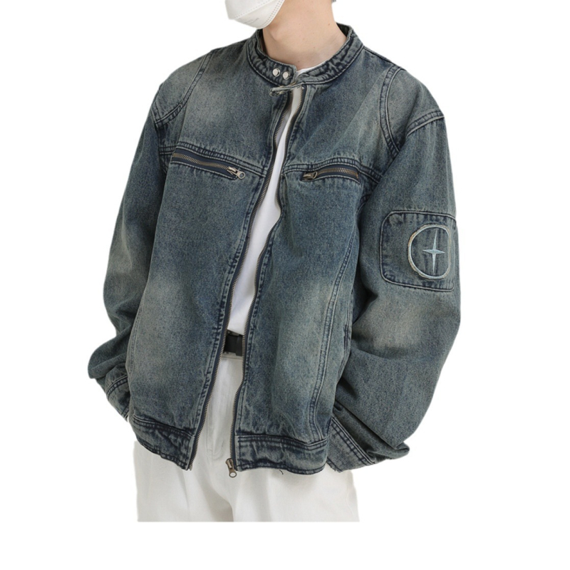 Jachetă denim pentru bărbați, vară, spălat, croială lejeră, guler înălțat cu fermoar, mâneci lungi, buzunare patch, bumbac peste 60%, căptușeală poliester, exterior casual