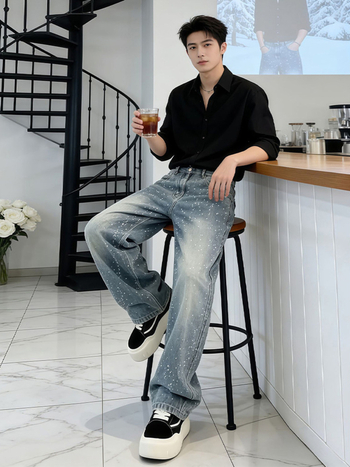 Blugi din denim pentru bărbați, cu motif stele din cristale Strass, croială dreaptă, gamă largă, stil streetwear