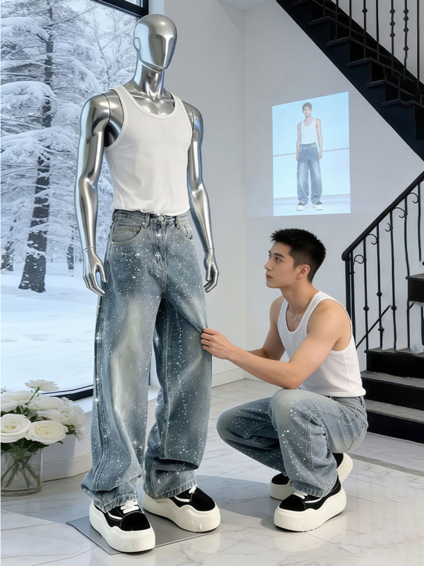 Blugi din denim pentru bărbați, cu motif stele din cristale Strass, croială dreaptă, gamă largă, stil streetwear