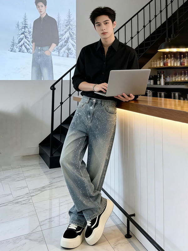 Blugi din denim pentru bărbați, cu motif stele din cristale Strass, croială dreaptă, gamă largă, stil streetwear