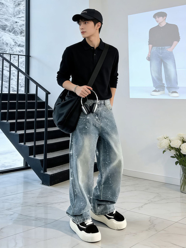 Blugi din denim pentru bărbați, cu motif stele din cristale Strass, croială dreaptă, gamă largă, stil streetwear