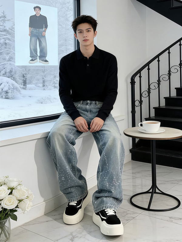 Blugi din denim pentru bărbați, cu motif stele din cristale Strass, croială dreaptă, gamă largă, stil streetwear