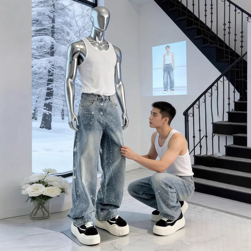 Blugi din denim pentru bărbați, cu motif stele din cristale Strass, croială dreaptă, gamă largă, stil streetwear