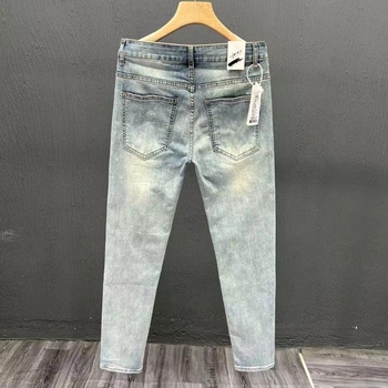 Jeanși albastru deschis cu elastic pentru bărbați, croială slim, primăvară și toamnă, stil coreean, pantaloni lungi pentru bărbați și adolescenți