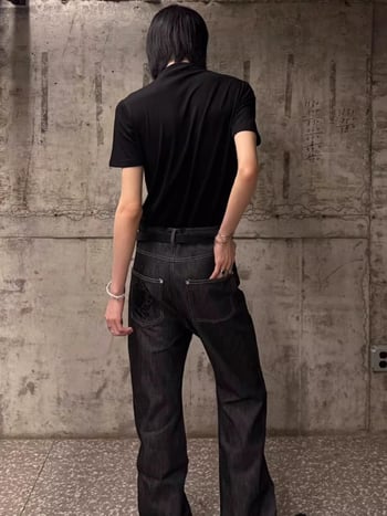 Echoforge Qingguangyuan Blugi din denim pentru bărbați cu broderie, stil Old Money, croială largă, relaxată
