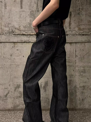 Echoforge Qingguangyuan Blugi din denim pentru bărbați cu broderie, stil Old Money, croială largă, relaxată