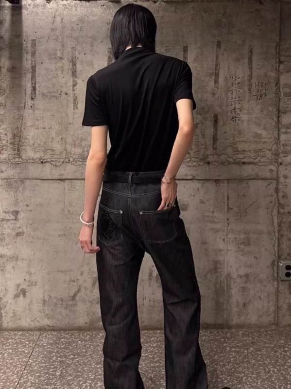 Echoforge Qingguangyuan Blugi din denim pentru bărbați cu broderie, stil Old Money, croială largă, relaxată