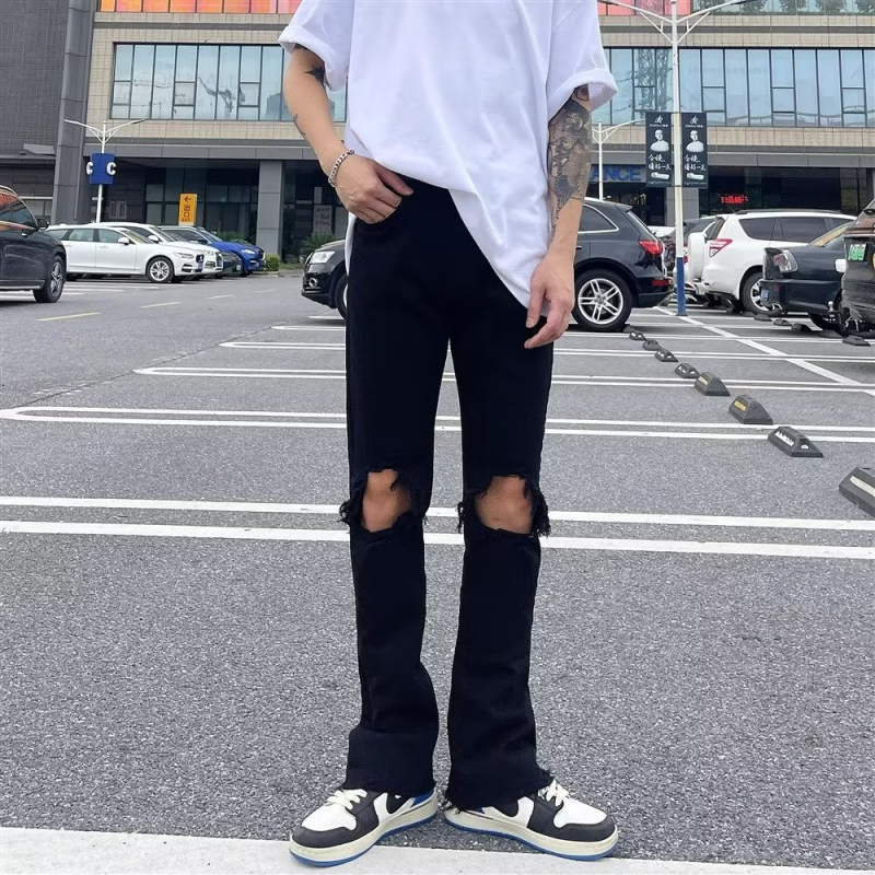 Jeans bărbătești din denim, stil coreean, rupți - croială dreaptă, vară 2023, casual și versatil