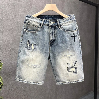 Șorturi denim brodate pentru bărbați - vară casual, croială drept, la modă și versatil