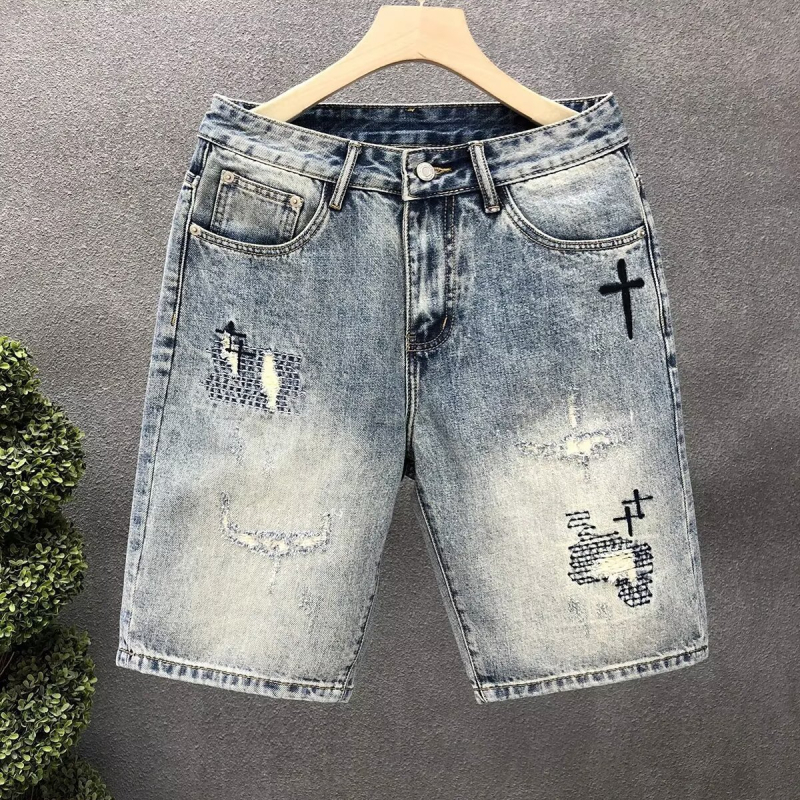 Șorturi denim brodate pentru bărbați - vară casual, croială drept, la modă și versatil