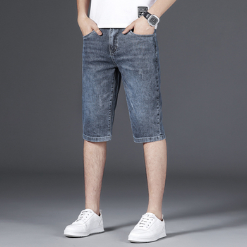 Pantaloni scurți din denim albastru-gri pentru bărbați, de vară, cu material elastic, ușor, talie medie, casual