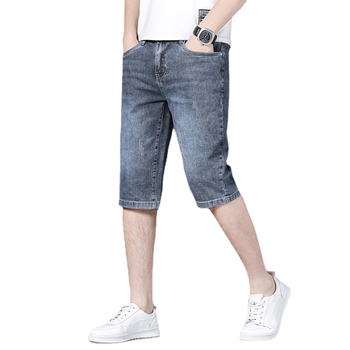 Pantaloni scurți din denim albastru-gri pentru bărbați, de vară, cu material elastic, ușor, talie medie, casual