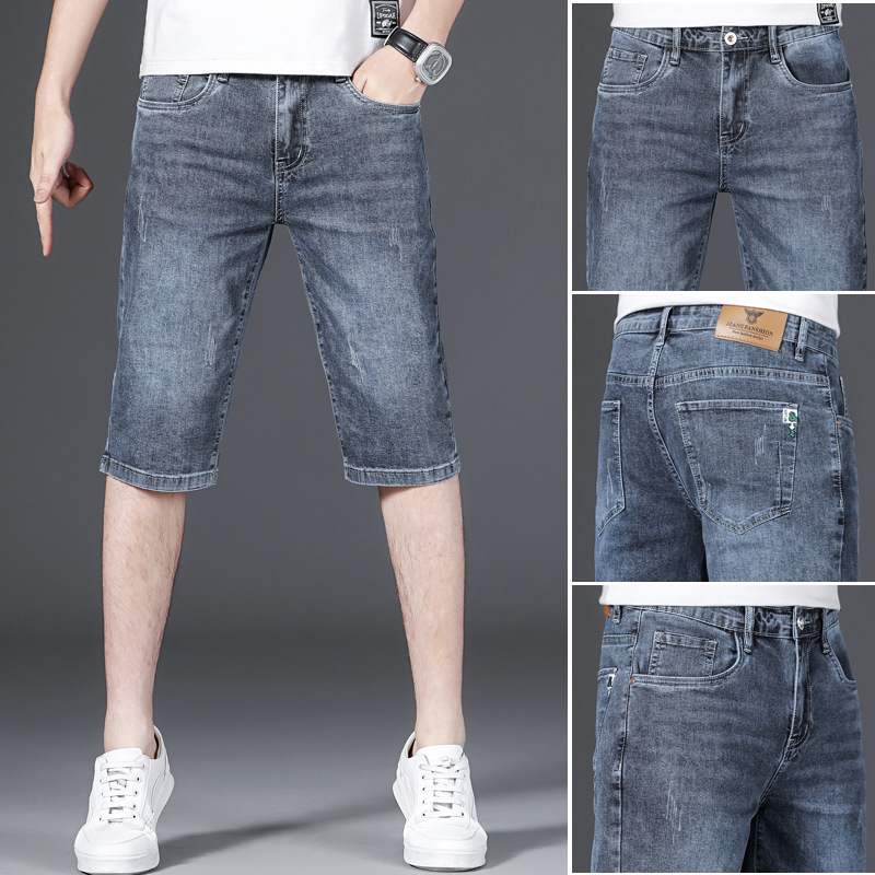 Pantaloni scurți din denim albastru-gri pentru bărbați, de vară, cu material elastic, ușor, talie medie, casual