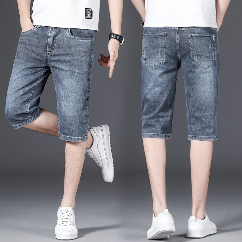 Pantaloni scurți din denim albastru-gri pentru bărbați, de vară, cu material elastic, ușor, talie medie, casual