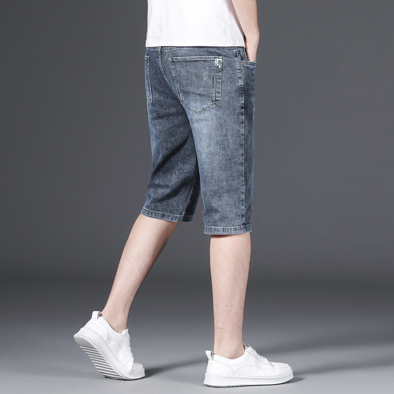 Pantaloni scurți din denim albastru-gri pentru bărbați, de vară, cu material elastic, ușor, talie medie, casual