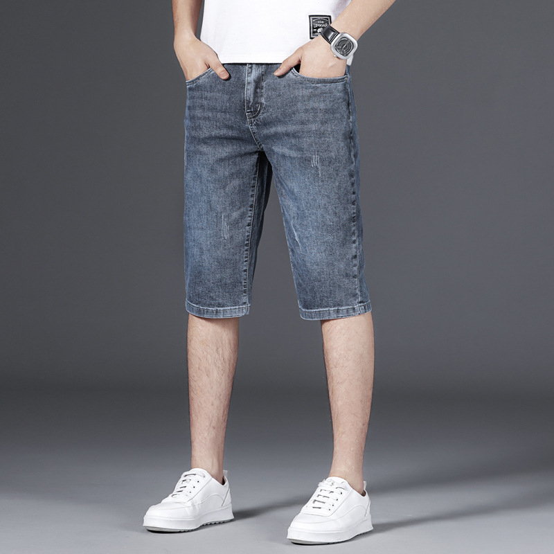 Pantaloni scurți din denim albastru-gri pentru bărbați, de vară, cu material elastic, ușor, talie medie, casual