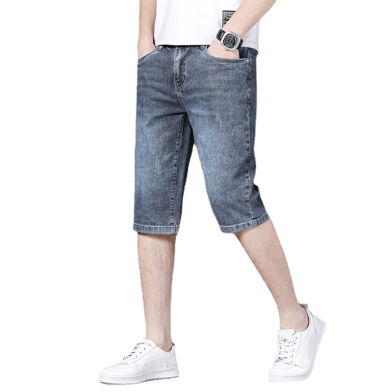 Pantaloni scurți din denim albastru-gri pentru bărbați, de vară, cu material elastic, ușor, talie medie, casual