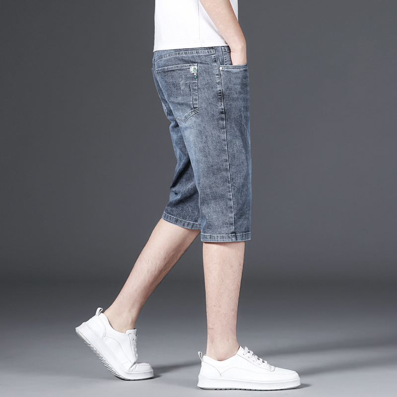 Pantaloni scurți din denim albastru-gri pentru bărbați, de vară, cu material elastic, ușor, talie medie, casual