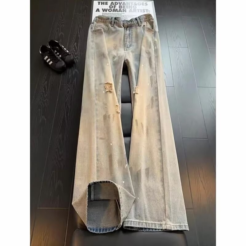 Blugi denim pentru bărbați cu rupturi în stil vintage, stil stradal, design de vară, croială slim straight