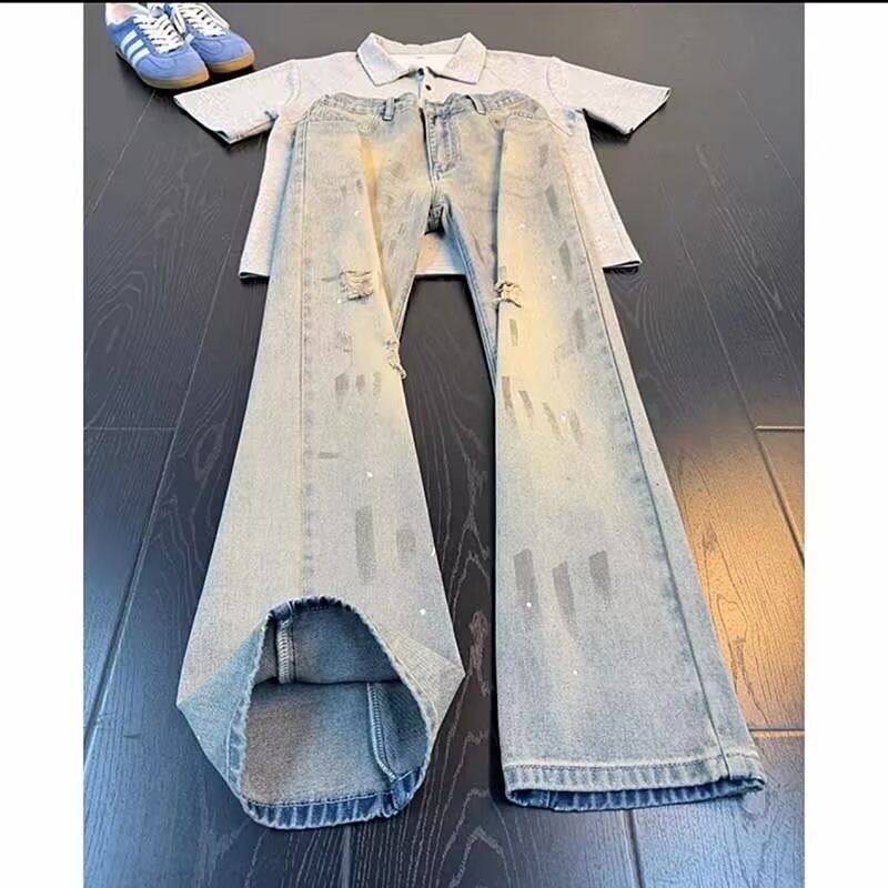 Blugi denim pentru bărbați cu rupturi în stil vintage, stil stradal, design de vară, croială slim straight