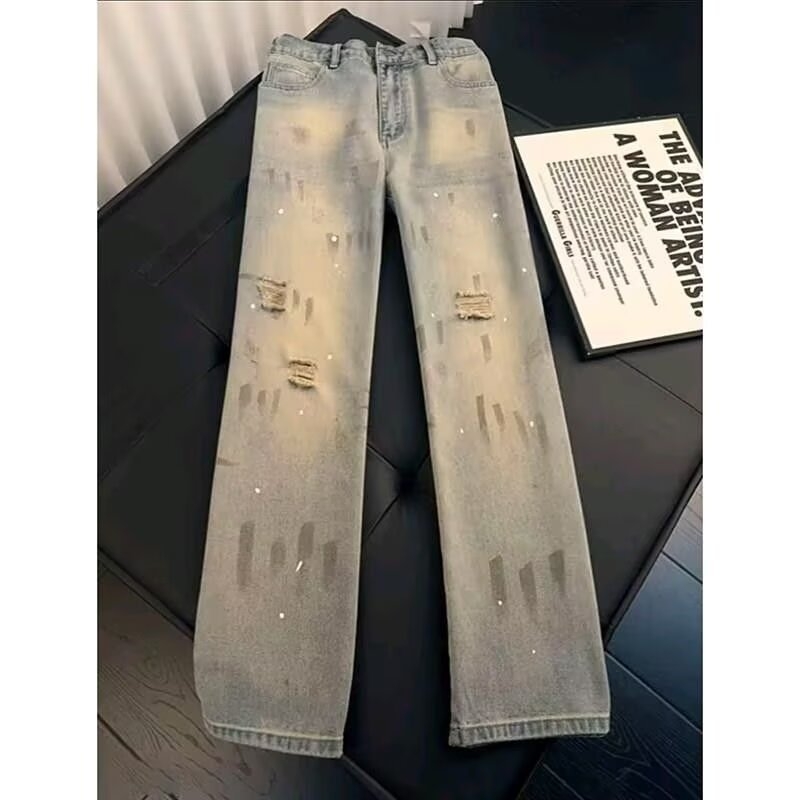 Blugi denim pentru bărbați cu rupturi în stil vintage, stil stradal, design de vară, croială slim straight